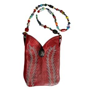 Red cowboy boot purse with beaded strap